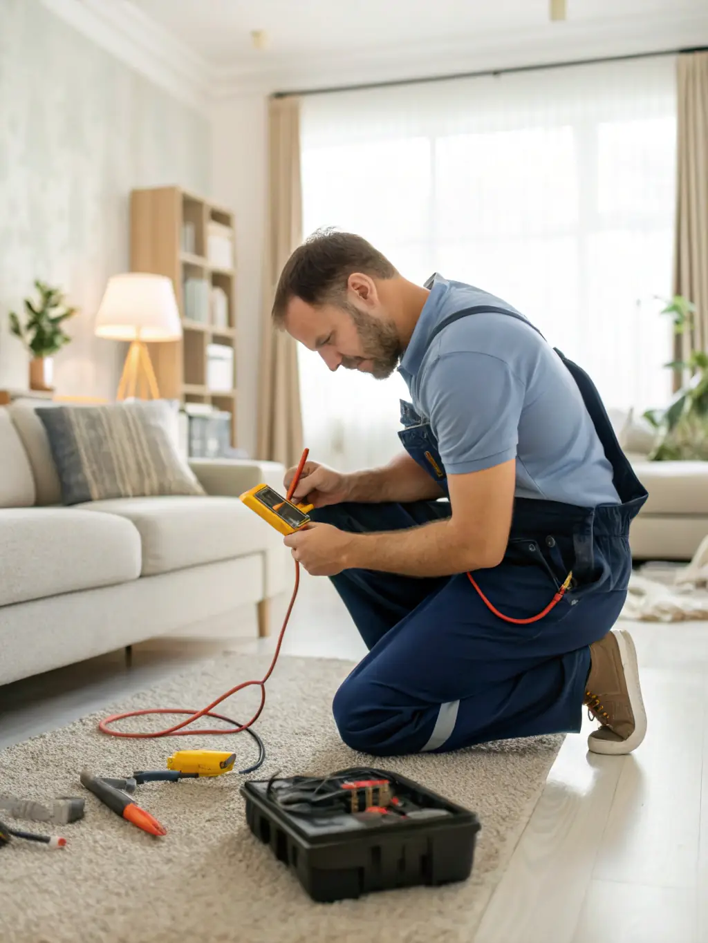 An electrician troubleshooting an electrical issue in a home, demonstrating Huff Electric's repair services.