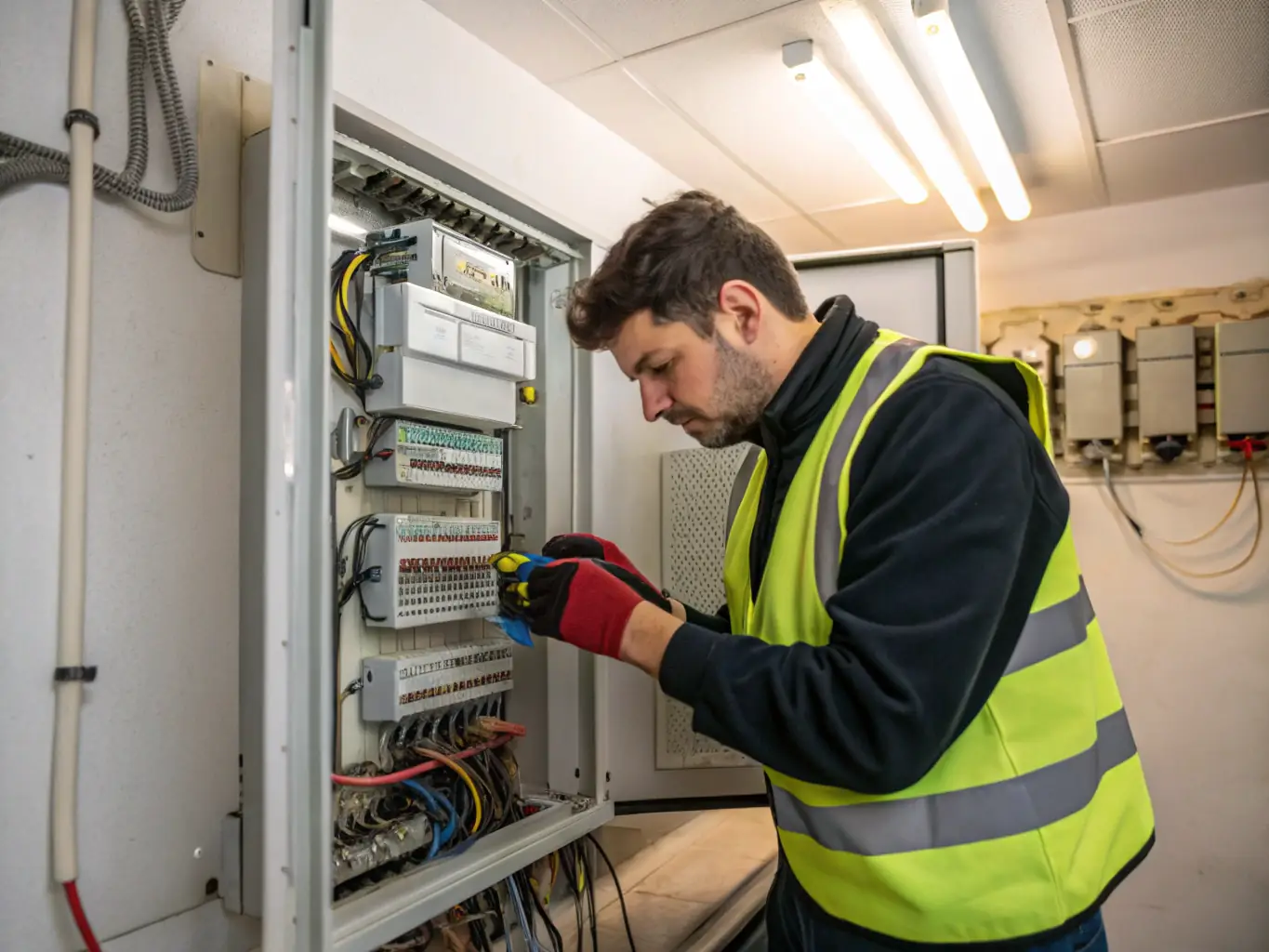 A residential electrician inspecting an electrical panel in a modern home, ensuring safety and compliance with current electrical codes.