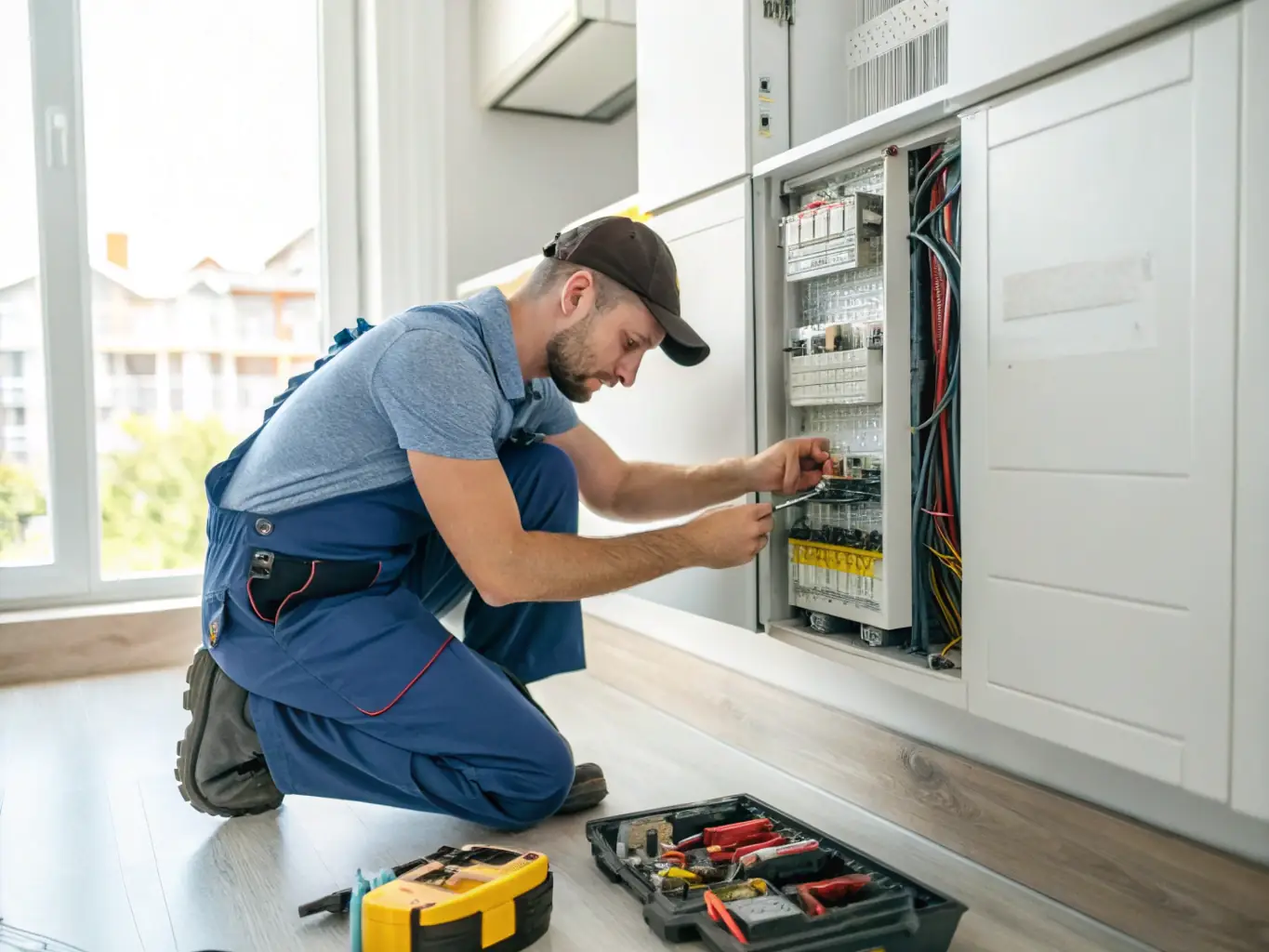 A friendly and professional Huff Electric electrician working on an electrical panel inside a home, demonstrating expertise and attention to detail. The electrician is using safety equipment.