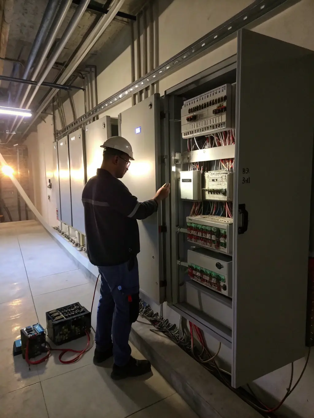 A commercial building under construction, highlighting the electrical infrastructure being installed by Huff Electric.