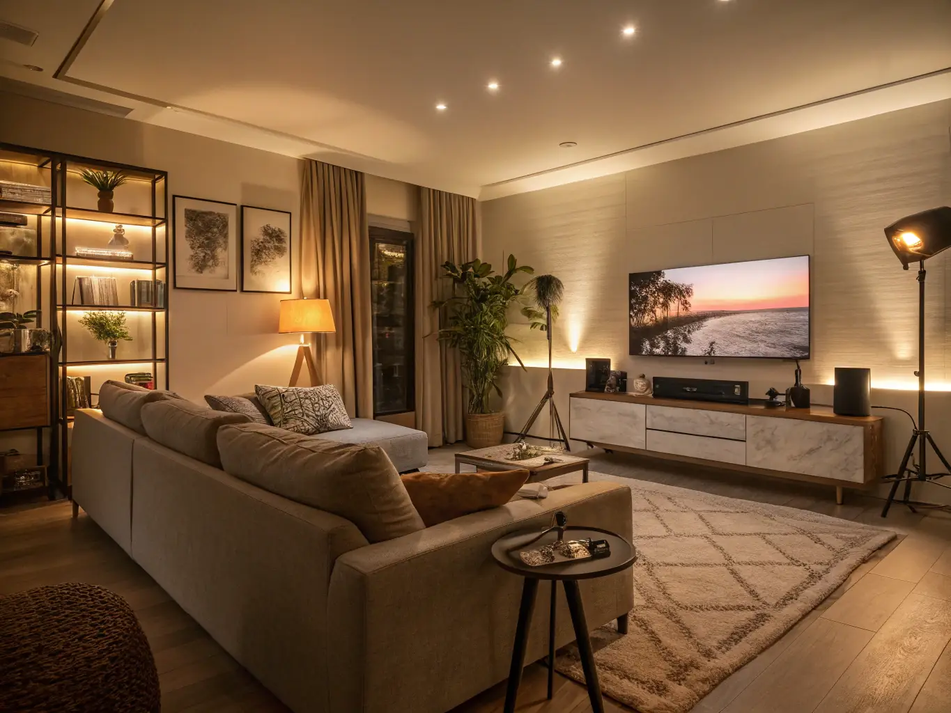 A beautifully lit living room showcasing modern lighting fixtures and smart home technology, enhancing the ambiance and functionality of the space.