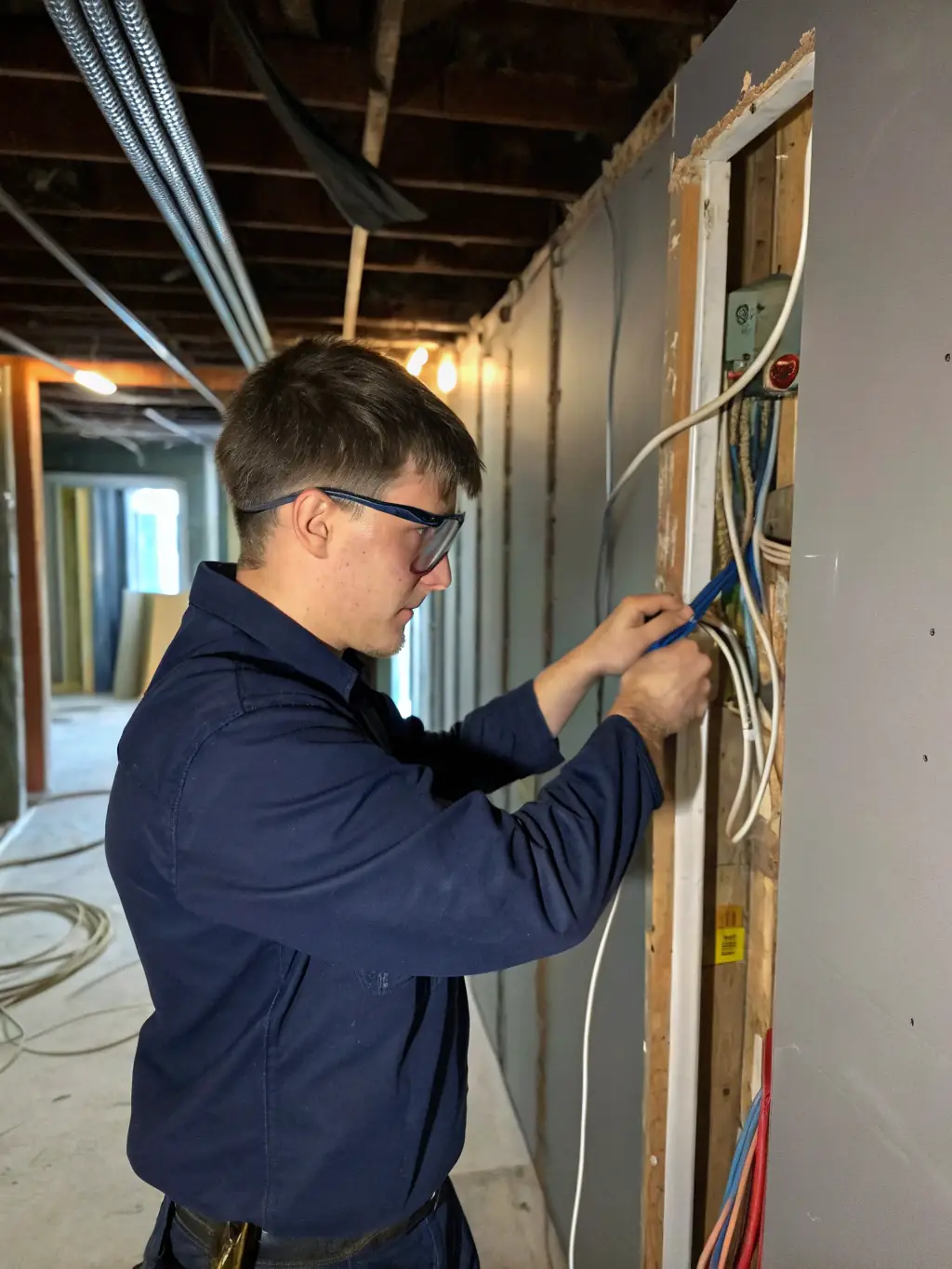 An electrician installing new wiring in a commercial building, highlighting expertise in new construction and tenant improvements.