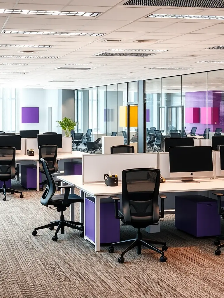 A brightly lit commercial office space with modern, energy-efficient LED lighting installed, showcasing even illumination and a clean, professional aesthetic.