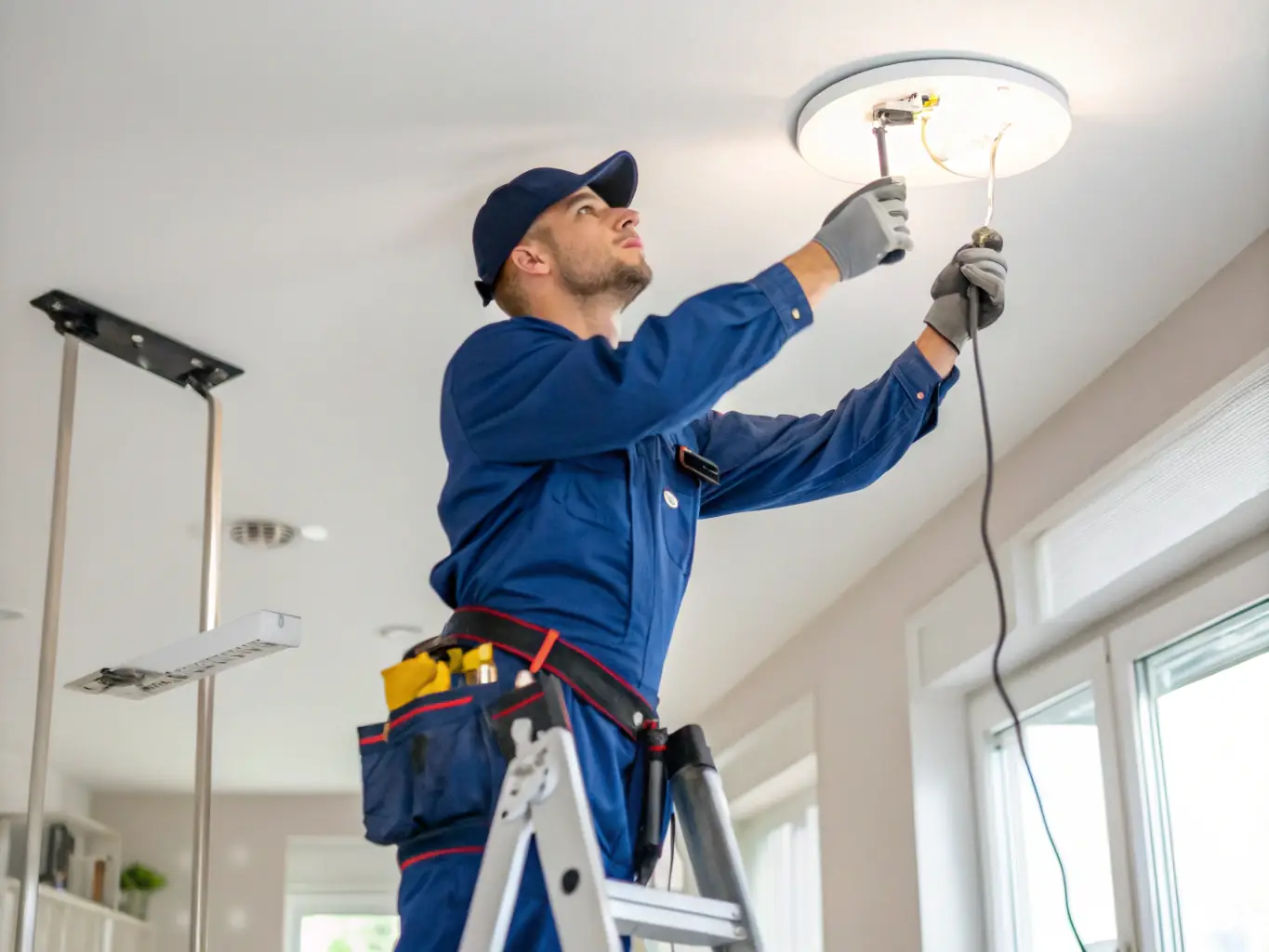 An electrician installing energy-efficient lighting in a modern office space, highlighting the importance of reliable commercial electrical systems.