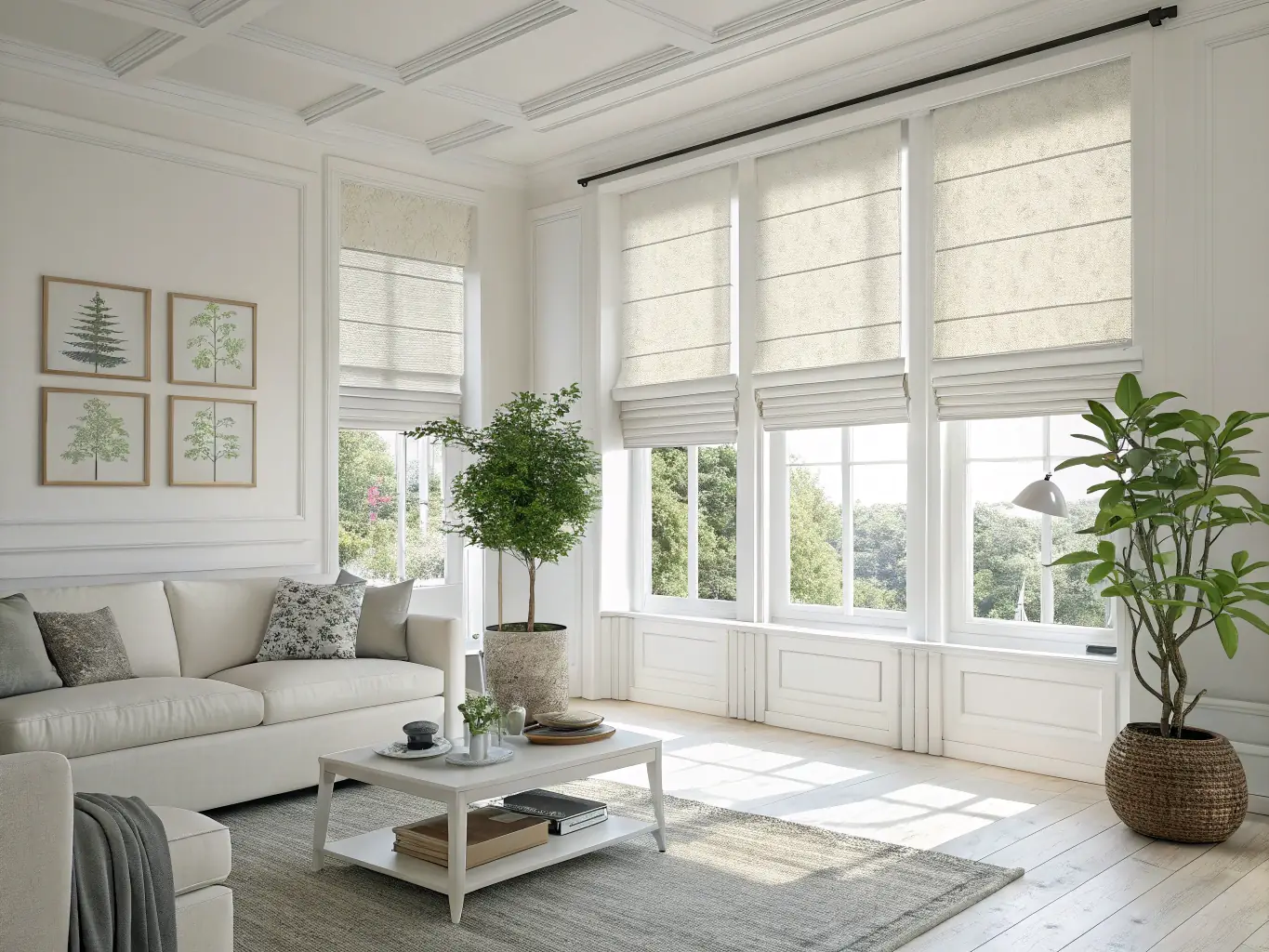 A modern living room with smart home technology seamlessly integrated, including smart lighting, automated blinds, and a sleek control panel. The image represents convenience and energy efficiency.