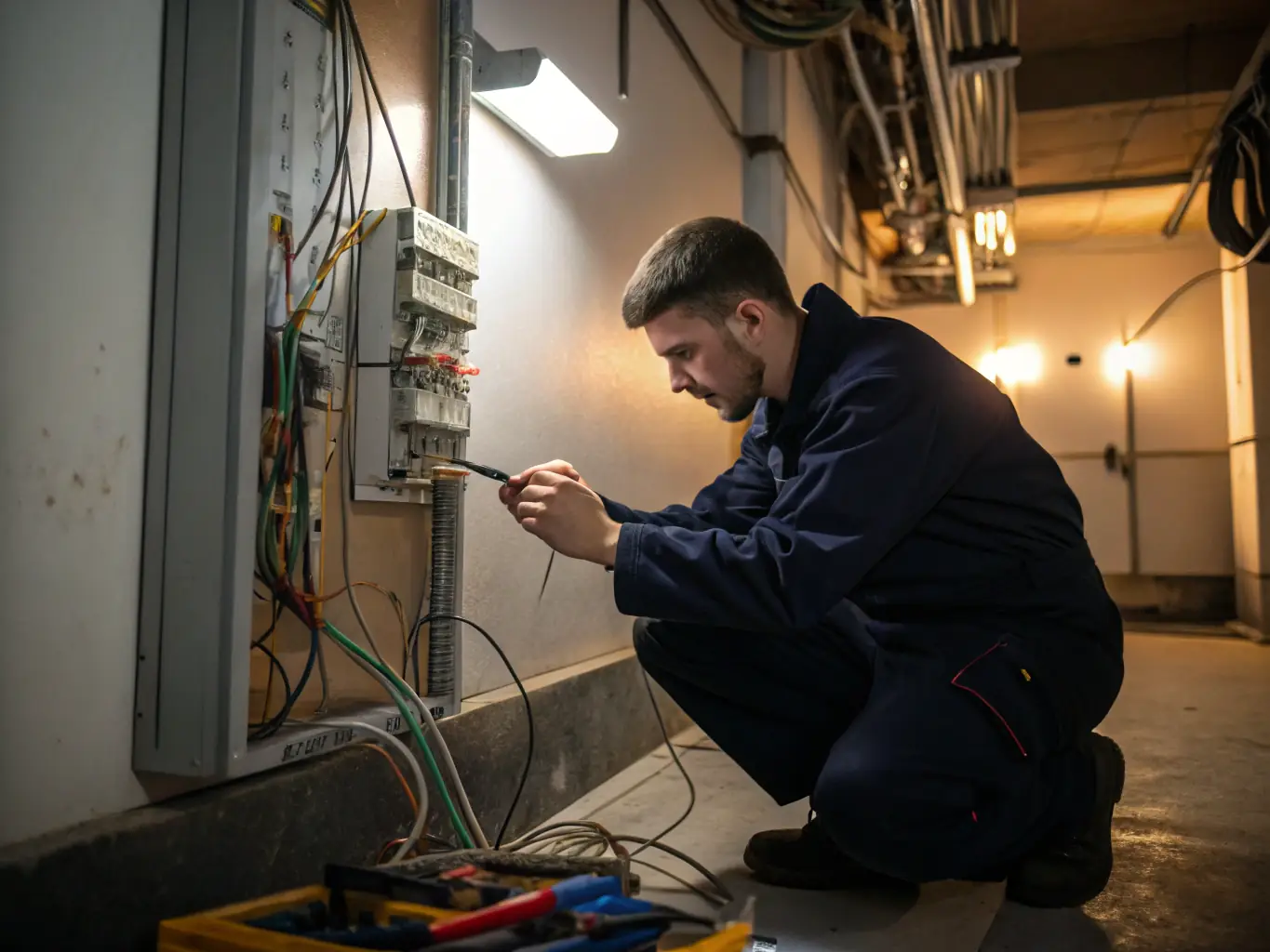 A skilled electrician repairing an electrical panel, replacing breakers and ensuring proper connections for safe and reliable power distribution.