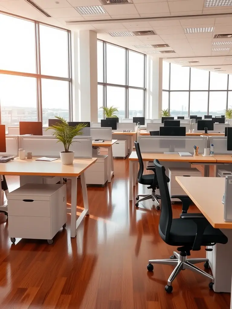 A well-lit commercial office space with modern, energy-efficient LED lighting, emphasizing cost savings and environmental responsibility.