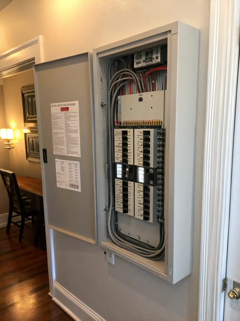 A newly installed electrical circuit panel in a commercial building, highlighting the organized wiring and safety features.