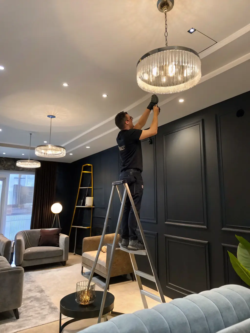 A modern home's interior with new wiring being installed, showcasing residential electrical work by Huff Electric.